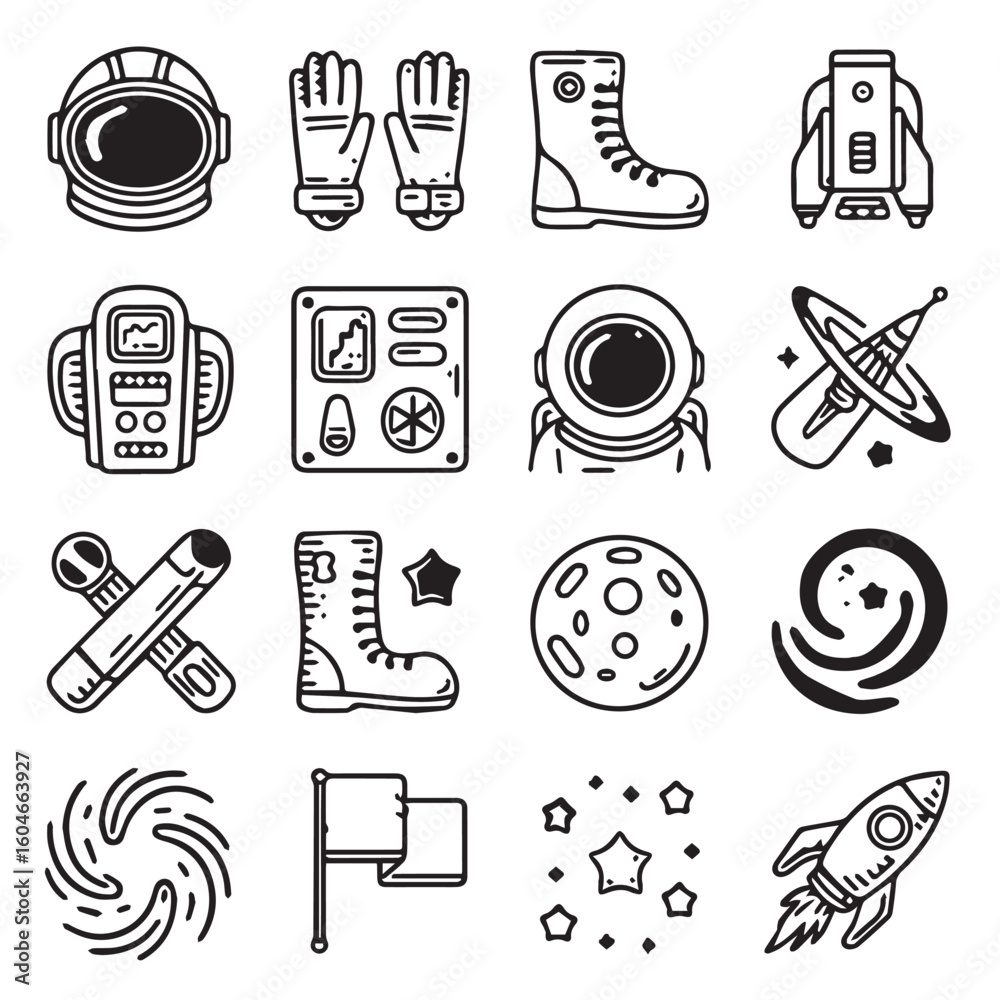 Obraz premium Discover the cosmos with this stylized astronaut gear and space exploration icons