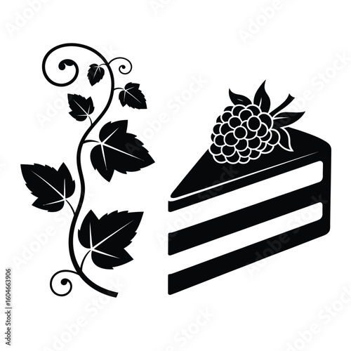 Black and white illustration of a slice of cake with berries and a decorative vine