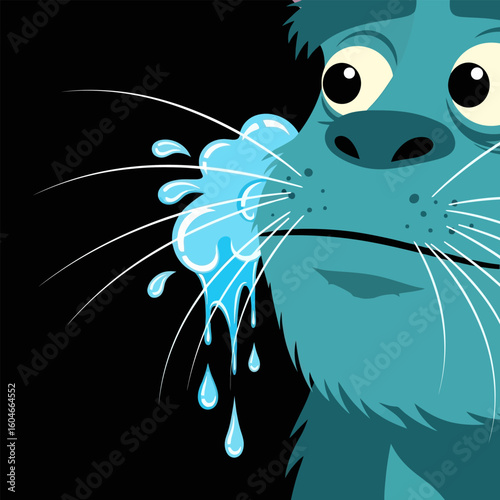 Cartoon Blue Monster with Water Dropping From Face on Black Background