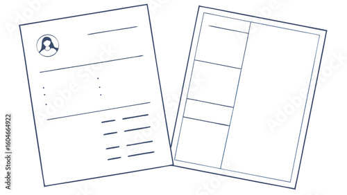 Illustration of two documents including a resume with a profile picture and a blank form layout document
