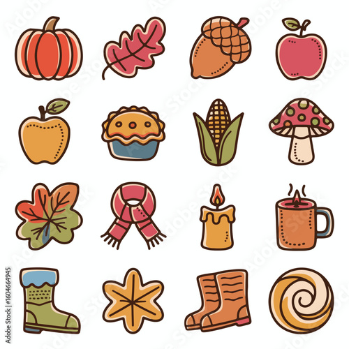 Charming autumn icons capture cozy season's warmth and harvest bounty