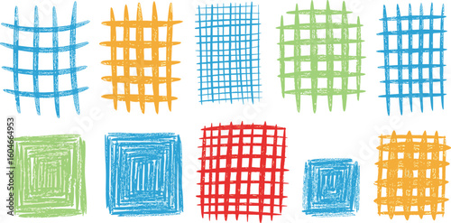 Crayon drawn pastel colored grids for notes. Square grid and striped patten for hand drawn notepads. Checked kid's wallpaper print for collages