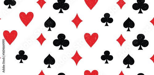 Crayon drawn poker card suits seamless banner design with red and black hearts, clubs, spades and diamonds.