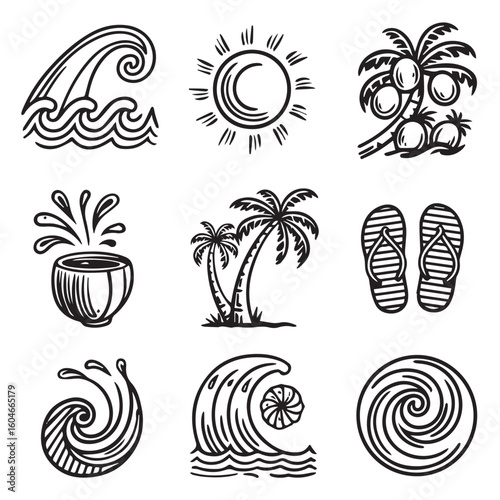 Tropical beach vibes with sun, waves, palms, and flip-flops for summer fun