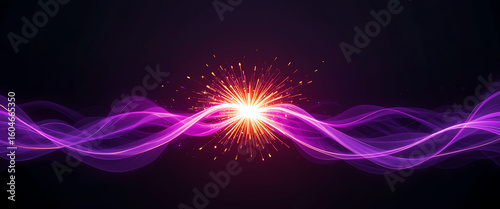 abstract multiple musical rythem wavy transparent glowing purple and pink gradient line in shimmering style collided each other and make sparkling golden fire on the spreading, spreading lights across