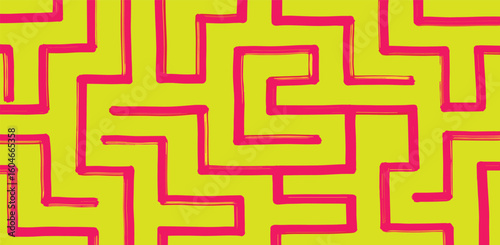 Geometric maze colorful seamless pattern. Brush drawn pink and yellow scribbles. Abstract maze geometric vector background