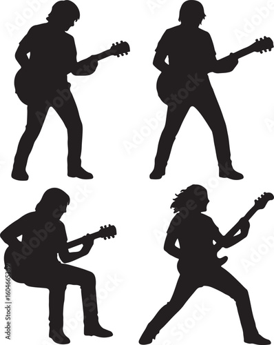 set of Hand drawn guitarist silhouette
 vector on white background