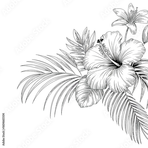 Elegant black and white sketch of tropical hibiscus flower and palm leaves
