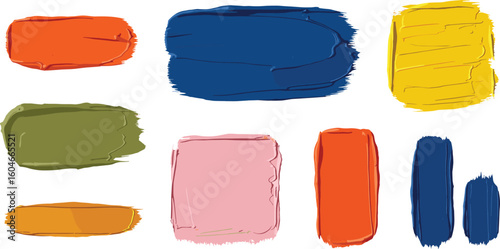 Hand drawn colorful grunge brush strokes, rectangles and squares shapes. Abstract texture frames for text and highlight.