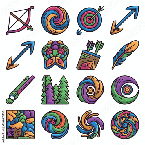 Vibrant retro icons for archery, nature, and abstract designs.