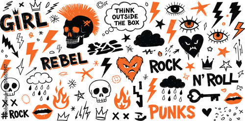 Punk and rock style crayon drawn shapes. Collection of charcoal graffiti doodle girly figures