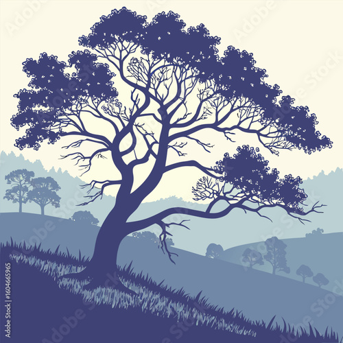 Whispering Shadows: A silhouette of a grand tree graces a serene hillside, its branches whispering secrets in a timeless scene.