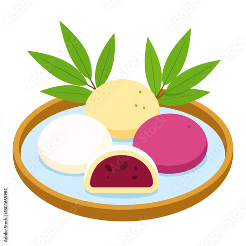 Assorted Japanese mochi rice cakes, one sliced showing red bean paste filling, garnished with green leaves.