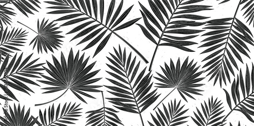 Seamless exotic pattern with palm leaves in linear style. Brush drawn tropical palm leaves wallpaper. Handdrawn vector ink illustration.