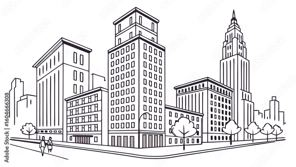 Fototapeta premium Illustration of a cityscape with various buildings, trees, and two people walking on the sidewalk near buildings