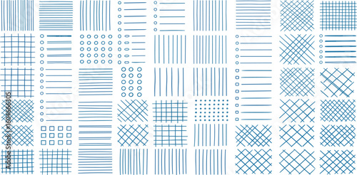 Various blue grids and lines patterns for paper sheets, notes and stickers. Hand drawn textures for bullet journal pages
