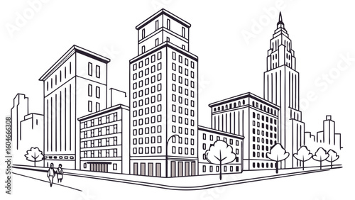 Illustration of a cityscape with various buildings, trees, and two people walking on the sidewalk near buildings