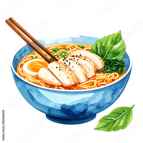 Artistic watercolor illustration of a Japanese chicken ramen bowl with soft-boiled egg, greens, and chopsticks.