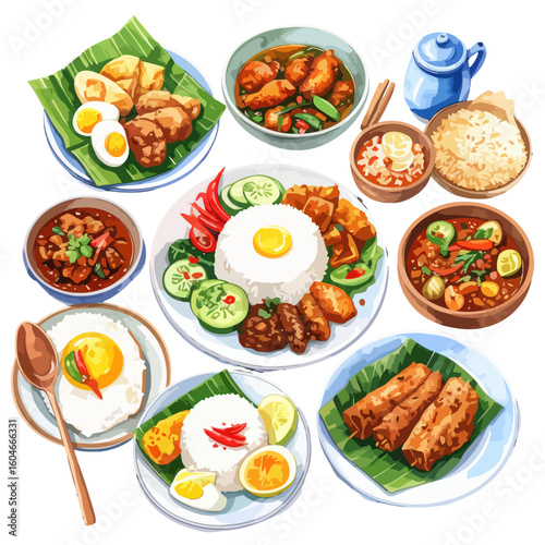 Vibrant Watercolor Illustration of Diverse Southeast Asian Food Dishes Collection