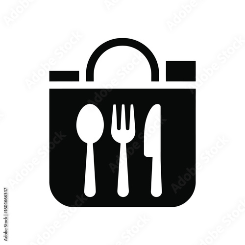 Black silhouette icon of a shopping bag with cutlery inside representing food delivery or takeout