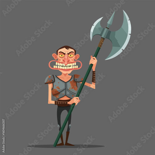 Holding Large Axe Aggressive Character Illustration with Armor and Teeth
