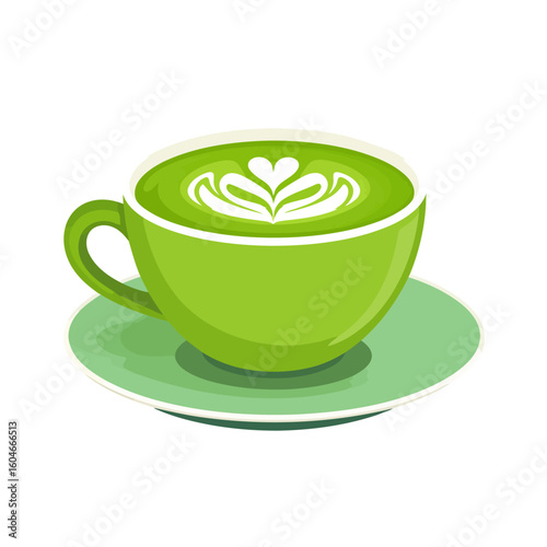 A vibrant green cup of matcha latte with delicate white heart-shaped rosetta foam art on a matching saucer.