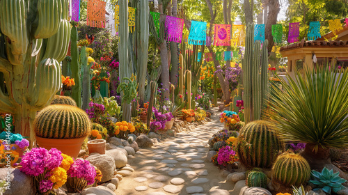 A vibrant garden pathway lined with cacti, flowers, and colorful papel picado banners