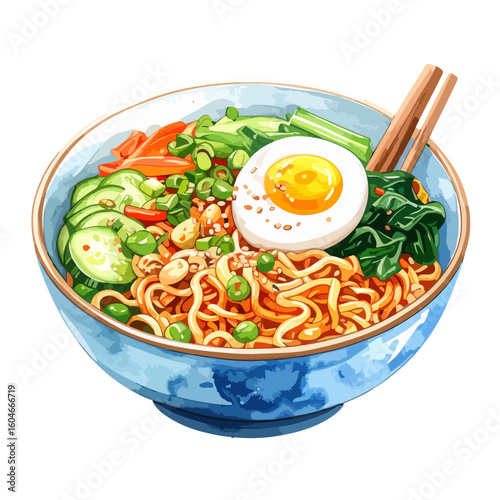A vibrant watercolor illustration of an Asian noodle bowl with a boiled egg, fresh vegetables, peanuts, and chopsticks.