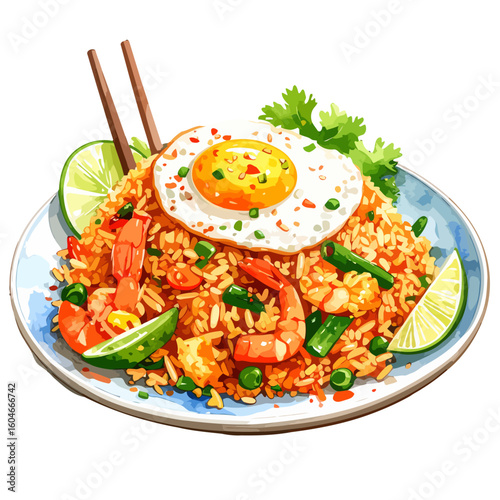 Vibrant watercolor illustration of shrimp fried rice with a sunny-side-up egg and lime.