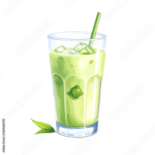 Iced matcha green tea latte in a tall faceted glass with ice cubes, a straw, and leaves.