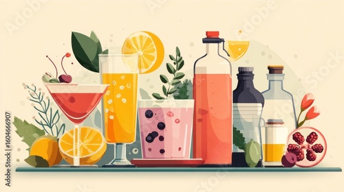 Assorted colorful drinks and fruit garnishes on a bar