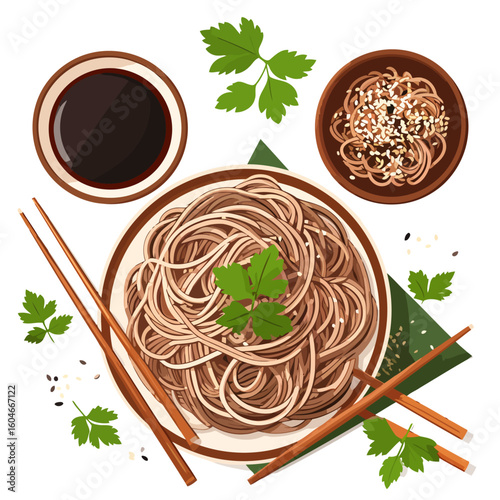 Aromatic Brown Buckwheat Soba Noodles, Garnish with Parsley, Served on a Plate with Chopsticks