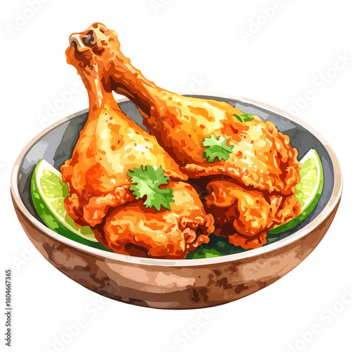 Crispy golden fried chicken drumsticks garnished with fresh cilantro and lime in a bowl.