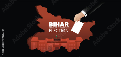 Bihar Legislative Assembly election 2025 hand putting vote map silhouette vector poster