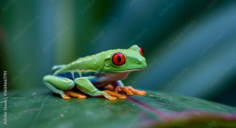 Naklejka premium Vibrant red eyed tree frog perched on a leaf in a lush tropical environment