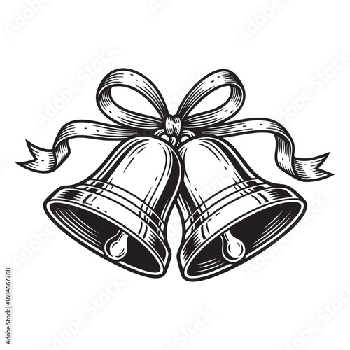 Two Jingle Bells with Ribbon woodcut engraving vector illustration