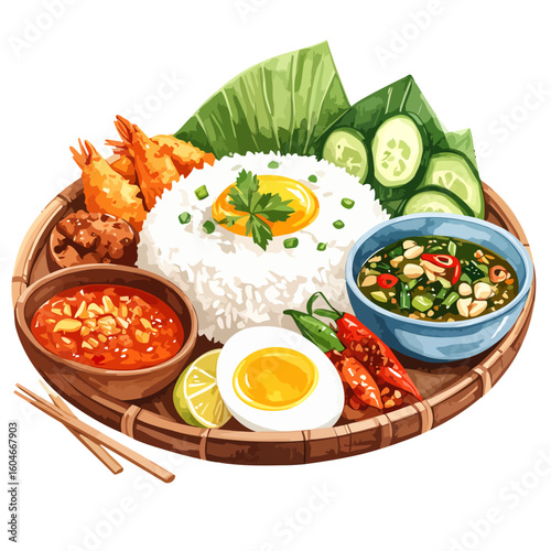 Thai Rice Dish with Fried Egg, Shrimp, Vegetables, and Spicy Sauces on Woven Tray