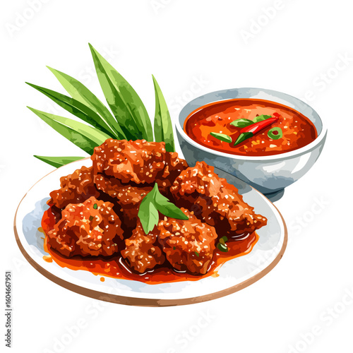 Spicy glazed fried chicken pieces with sesame seeds, served with a chili dipping sauce and fresh green leaves.