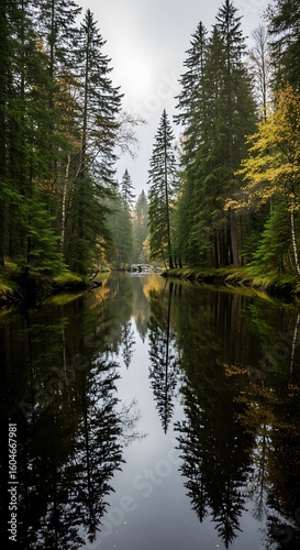 Reflection of trees in a calm forest stream.