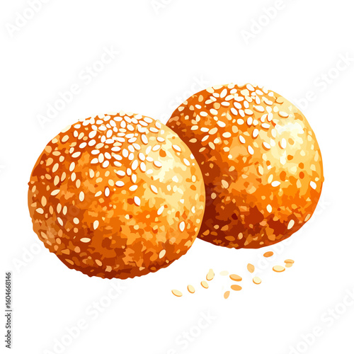 Two golden-brown fried Asian sesame balls, generously coated with white seeds, in a detailed vector illustration.