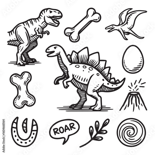 Vibrant prehistoric dinosaur collection with bones, egg, and volcano