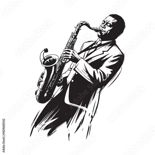 saxophonist player abstract sketch brush with splatter engraving vector illustration