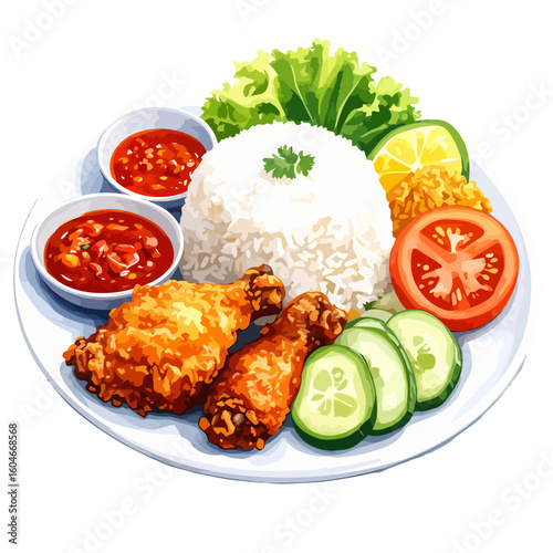 Crispy Fried Chicken Drumsticks with Steamed Rice and Fresh Accompaniments