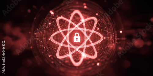 Glowing red atomic structure with lock symbol in center represents quantum encryption and cybersecurity threats. image conveys sense of digital security and data protection