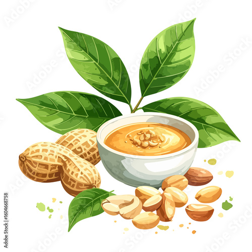 A fresh composition of creamy peanut butter in a bowl, surrounded by whole peanuts, shelled nuts, and vibrant green leaves.