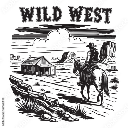 wild west scene woodcut engraving vector illustration