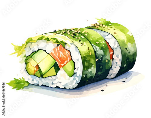 Watercolor Illustration of Delicious Sushi Roll with Avocado, Salmon, and Rice