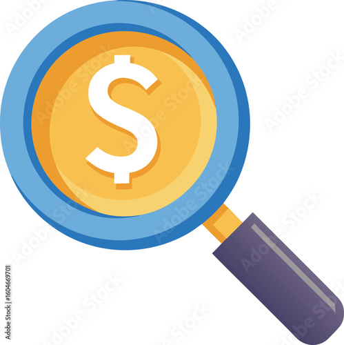 Magnifying glass over dollar coin financial search