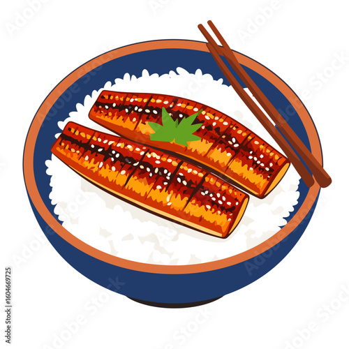 Delicious Unagi Sushi with Rice, Chopsticks, and Green Garnish