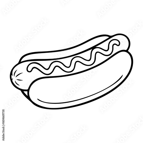 Hot dog with mustard black and white icon clean line art, doodle style. Ideal for logo, tattoo, app, coloring book, web design, infographics, banner, poster, and more. Vector illustration